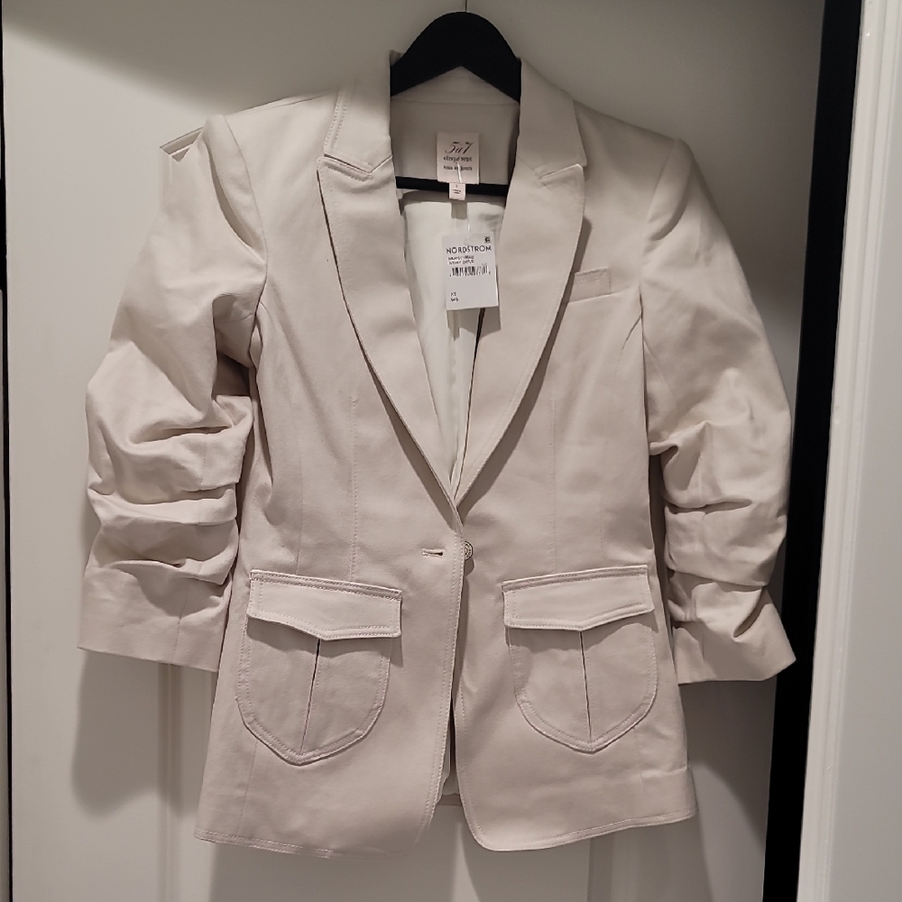 Cinq A Sept Cream Blazer with Ruched Sleeves